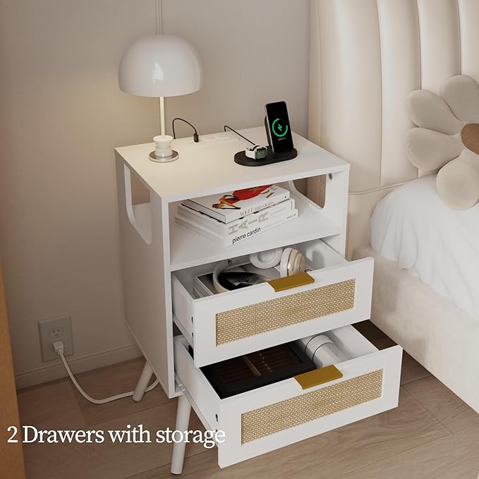 JOONEE Rattan Nightstand with Charging Station,Farmhouse Bedside Table with 2 Storage Drawer and Open Wood Shelf, for Bedroom and Small Spaces,Night Stand with Solid Wood Legs (White-Outlet)