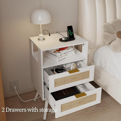 JOONEE Rattan Nightstand with Charging Station,Farmhouse Bedside Table with 2 Storage Drawer and Open Wood Shelf, for Bedroom and Small Spaces,Night Stand with Solid Wood Legs (White-Outlet)
