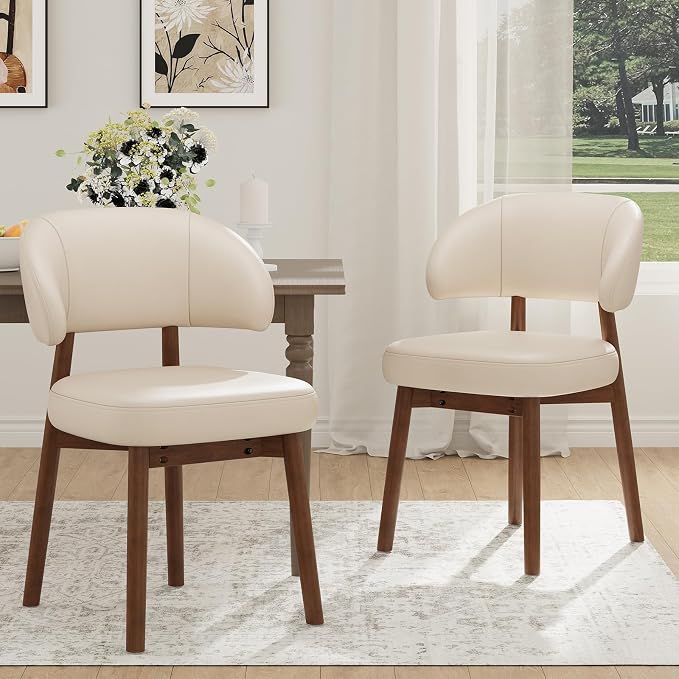 MALOL Wooden Dining Chairs Set of 2, Modern Upholstered Dining Room Chair, PU Leather Kitchen Side Chairs with Curved Open Back for Living Room/Restaurant/Cafe, Beige