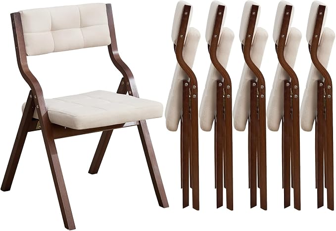 6-Pack Folding Dining Chairs with Cushion,Padded Foldable Dining Chairs,Portable Wooden Folding Chairs for Dining Rooms Kitchen Wedding and Party Indoor Walnut Beige
