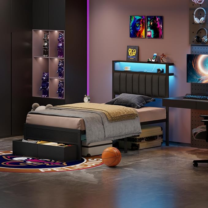 Furnulem Twin Bed Frames with Storage Drawers and Upholstered Headboard | Grey Metal Platform Bed with Charging Station, LED Lights, 2 Tier Shelves, Fabric Drawers. No Box Spring Needed, Noise Free