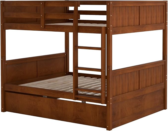 Merax Trundle Bunk Bed, Full Over Full Wood Bunk Bed with Twin Size Trundle, Guardrail and Ladder, Can be Separated into 2 Beds, Walnut