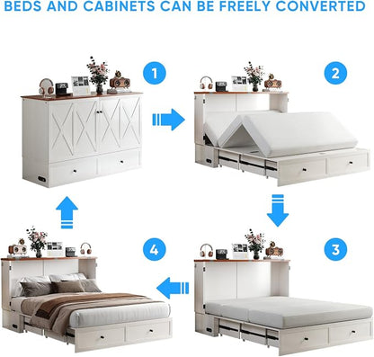 PUREMIND Murphy Bed Queen, X Frame Cabinet Beds Chest with Charging Station & Storage Drawers, Convertible Hideaway Cabinet Bed for Guest Room, White, Without Mattress