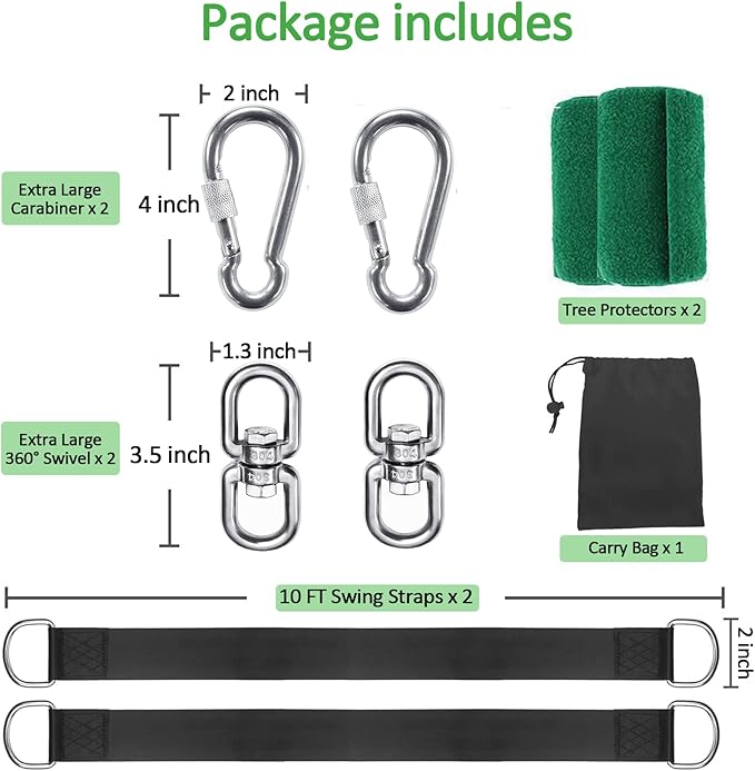 Extra Long Tree Swing Straps, 3FT/10FT/20FT/30FT Tree Swing Hanging Straps Kit Holds 5000 lbs with Tree Protector, Heavy Duty Carabiner and Swivel Perfect for Swings & Hammocks (10 FT)