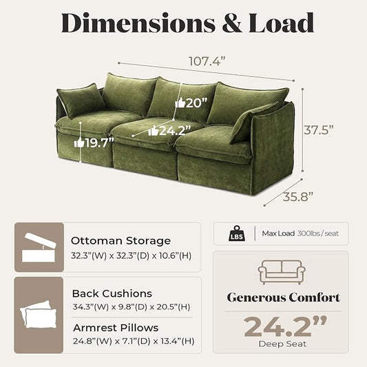 Cloud Modular Sofa, Oversized Deep Seat Comfort, Luxe Chenille | Fully Removable Washable Covers, Memory Foam Seat Cushions, Premium Fabric