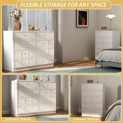 6 Drawer Dresser for Bedroom: 24" White Chest of Drawers with Deep Drawers, Tall Fluted Dresser with Storage, Modern Wood Dressers for Bedroom, Living Room
