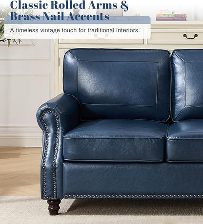 Kingfun Mid-Century Modern Couch, Faux Leather Sofa, 3 Seater Couch for Living Room with Rolled arms & Nailhead Trim, Blue