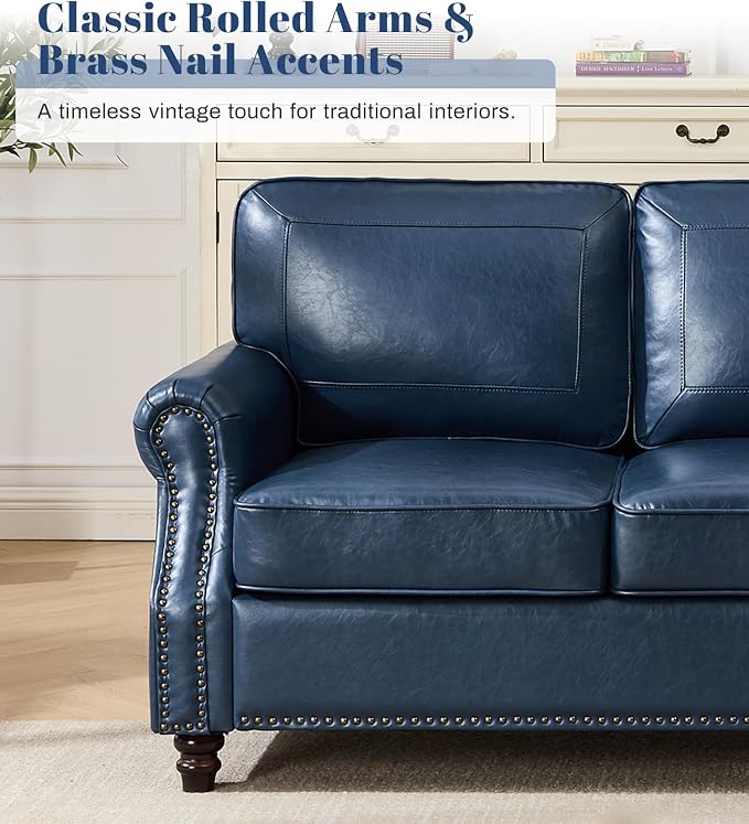 Kingfun 3 Seater Sofa, Mid-Century Modern Faux Leather Couch Set for Living Room, Blue with Rolled Arms & Nailhead Trim, Easy Assembly