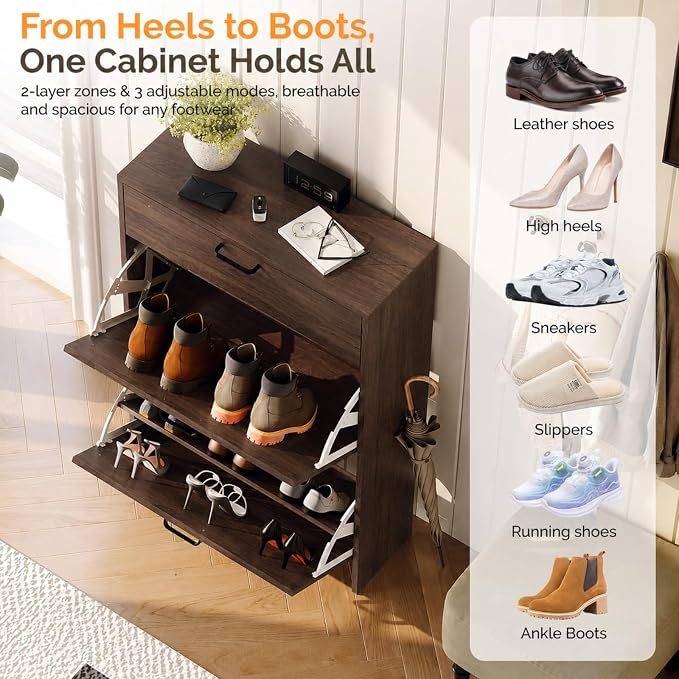 VINGLI Set of 2 Walnut Shoe Cabinet for Entryway, 2-Pack Ultra Slim Shoe Organizer with 2 Flip & 1 Drop-Down Drawers, 24.8" W Narrow Shoe Cabinet, Modern Walnut Wood Shoes Rack for Hallway