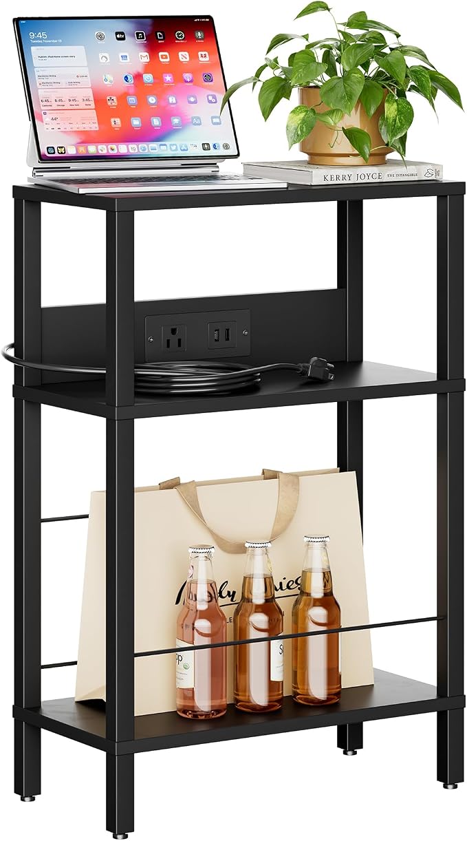 DGSANDGO Black Narrow Side Table - Nightstand with Charging Station (2 USB + 1 AC Outlet), 3-Tier End Table for Nordic Style/Bedroom/Living Room (Black)