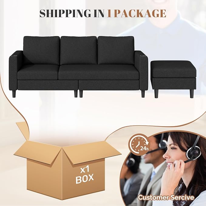 Luxanimarion Upholstered Sectional Sofa and Couches, 78'' L Shaped 3-seat Sofa forLiving Room, Apartment,Lounge,Bedroom-Washable Covers Convertible Sofas(Linen Fabric,Black)