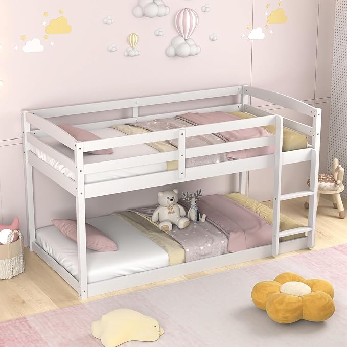 MAT EXPERT Bunk Bed Twin Over Twin, Low Wood Bunk Bed Frame w/Safety Guardrails, Ladder & Slats, Floor Platform Twin Bunk Beds for Kids Toddlers Teens, for Dorm Bedroom, No Box Spring Needed (White)