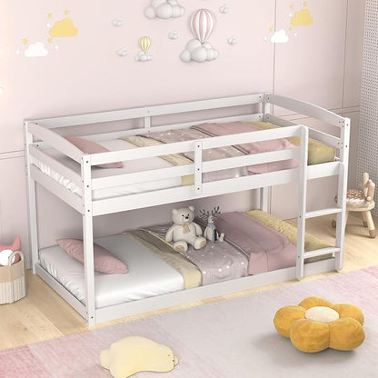 MAT EXPERT Bunk Bed Twin Over Twin, Low Wood Bunk Bed Frame w/Safety Guardrails, Ladder & Slats, Floor Platform Twin Bunk Beds for Kids Toddlers Teens, for Dorm Bedroom, No Box Spring Needed (White)