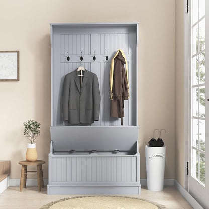 HOMCOM Hall Tree With Bench and Shoe Storage 3-In-1 Entryway Bench Gray | Coat Rack, 5 Hooks, Flip Top Storage Compartment