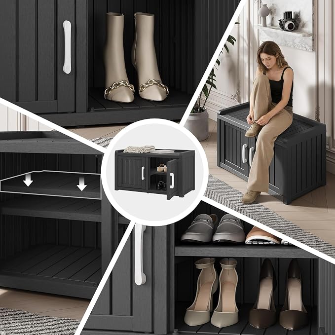 2 Doors Outdoor Shoe Storage Bench | Waterproof UV-Resistant Resin Cabinet, Entryway Organizer for Porch, Hallway, Black