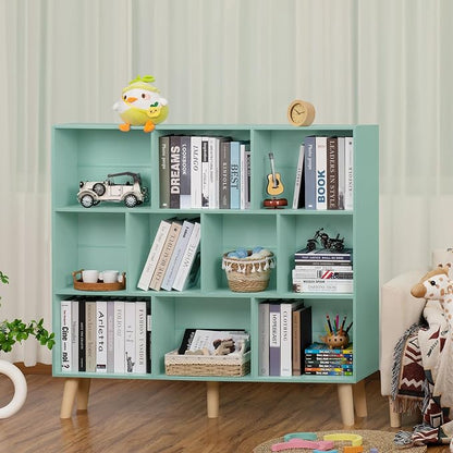LEYAOYAO 10 Cube Bookshelf,3 Tier Modern Wide Bookcase with Legs,Mid-Century Wood Bookshelves Storage,Mint-Green Large Book Case,Freestanding Organizer Display Shelf for Bedroom,Living Room,Office