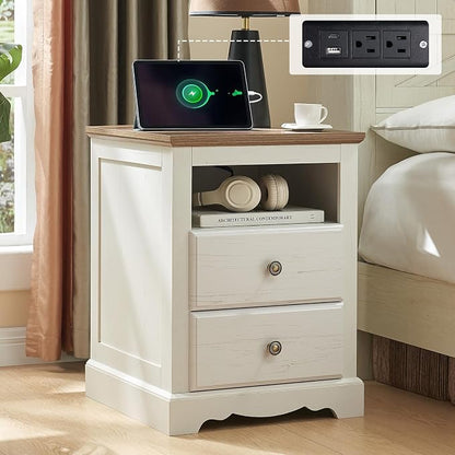 AMERLIFE 3 Piece Bedroom Set Including Farmhouse King Size Bed Frame with 4 Drawers, Nightstands Set of 2 with Charging Station for Bedroom, White