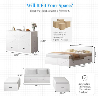 PUREMIND Murphy Bed Full with Mattress Included, Wood Cabinet Bed with Dual Storage Drawers & 2 Pillows, 3-in-1 Convertible Sofa Beds for Small Space, Guest Room, White