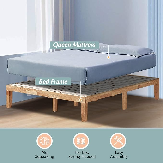 COSTWAY Queen Size Platform Bed Frame, 14 Inches Solid Rubber Wood Bed Mattress Foundation with Sturdy Slats Support, Easy Assembly Bed Frame for Home Hotel, No Box Spring Needed (Natural, Queen)