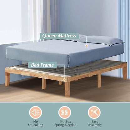 COSTWAY Queen Size Platform Bed Frame, 14 Inches Solid Rubber Wood Bed Mattress Foundation with Sturdy Slats Support, Easy Assembly Bed Frame for Home Hotel, No Box Spring Needed (Natural, Queen)