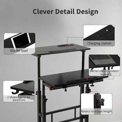 Hadulcet Mobile Standing Desk with Charging Station, Adjustable Standing Computer Desk, Standing Adjustable Laptop Cart with Wheels for Home Office Classroom Black