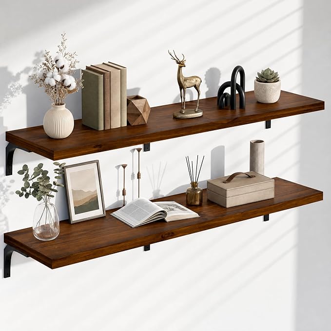 12 Inch Deep Floating Shelves Set of 2, 60 Inch Extra Wide Solid Wood Wall Shelves, 5ft Heavy Duty Wall Mounted Bookshelf with 100 lbs Capacity for Kitchen, Living Room & Bedroom