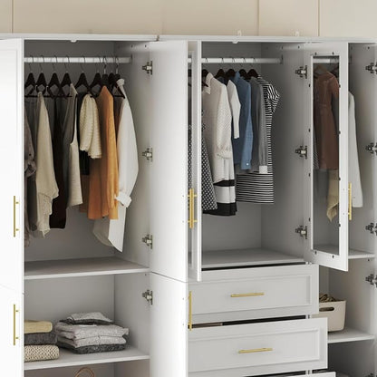 Timechee Almirah for Clothes, White Large Wardrobe Closet System, Bedroom Storage Cabinets with Tempered Glass Doors and Shelves,Hanging Rods, Standing Armoire Wardrobe Closet with Drawers for Bedroom
