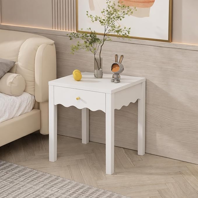 Nightstand with Drawer and Open Shelf, Scalloped Edge End Table for Sofa, Slim White Bedside Table for Girls Bedroom, Dorm, Coquette Preppy Room Decor