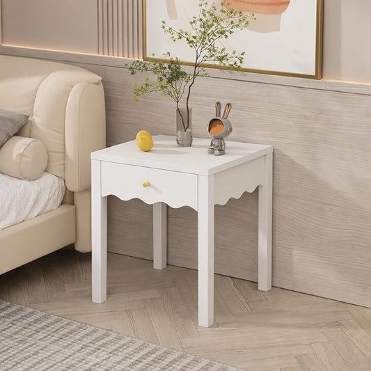 Nightstand with Drawer and Open Shelf, Scalloped Edge End Table for Sofa, Slim White Bedside Table for Girls Bedroom, Dorm, Coquette Preppy Room Decor
