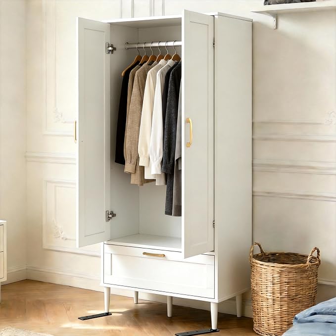 Bedroom Armoire Wardrobe Closet with Hanging Rod,60" 2 Door Almirah for Clothes with Drawers,Morden Storage Cabinet,White