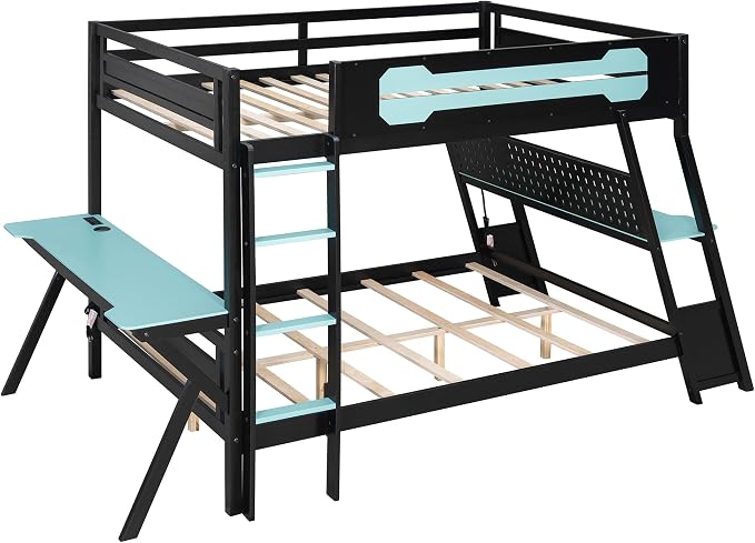 Merax Wooden Full Over Full Bunk Bed with 2 Side Desks, USB Desktop Ports and Pegboard Organizer, Gaming Bunk Bed for Gamer, Kids or Teens, No Box Spring Needed, Cloud Blue