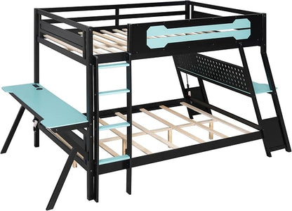 Merax Wooden Full Over Full Bunk Bed with 2 Side Desks, USB Desktop Ports and Pegboard Organizer, Gaming Bunk Bed for Gamer, Kids or Teens, No Box Spring Needed, Cloud Blue