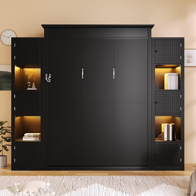 MERITLINE Queen Murphy Bed with Storage Bookcase Shelves and LED Light, Solid Wood Murphy Wall Beds with Storage Cabinet Shelves,for Adults,Space-Saving for Office,Bedroom,Guest Room