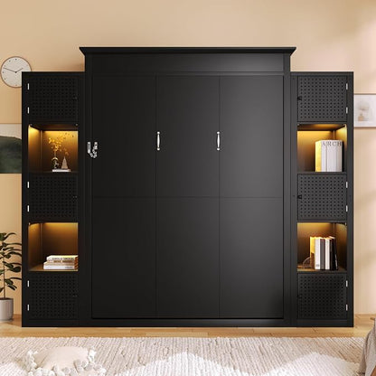 MERITLINE Queen Murphy Bed with Storage Bookcase Shelves and LED Light, Solid Wood Murphy Wall Beds with Storage Cabinet Shelves,for Adults,Space-Saving for Office,Bedroom,Guest Room