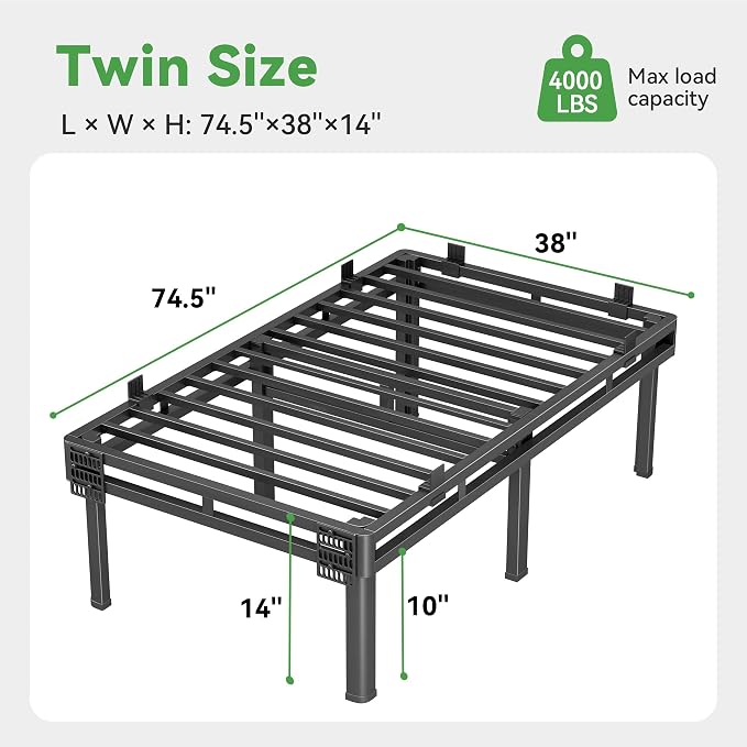 Superay Twin Bed Frame, 14 inch Metal Bed Frame & Box Spring 2 in 1 Design, Double Layer Bed Frame with Rounded Legs, Heavy Duty Platform Support 4000lbs, with Matress Gasket & headboard Adapter