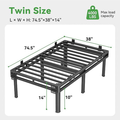 Superay Twin Bed Frame, 14 inch Metal Bed Frame & Box Spring 2 in 1 Design, Double Layer Bed Frame with Rounded Legs, Heavy Duty Platform Support 4000lbs, with Matress Gasket & headboard Adapter