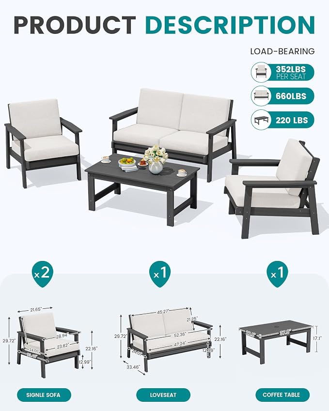 SERWALL HDPE Outdoor Furniture Set 4, All Weather Wood-Like Outdoor Sofa Sectional Couch, Grey Patio Furniture Set with Khaki Cushions