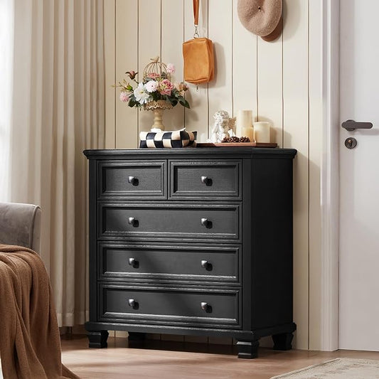 SAVOR LIFE Farmhouse Dresser and Nightstand Sets of 3, 5 Drawer Dresser & 2 Drawer Nightstand, Rustic Black Bedroom Furniture Set for Home, Bedroom, Hallway, Black