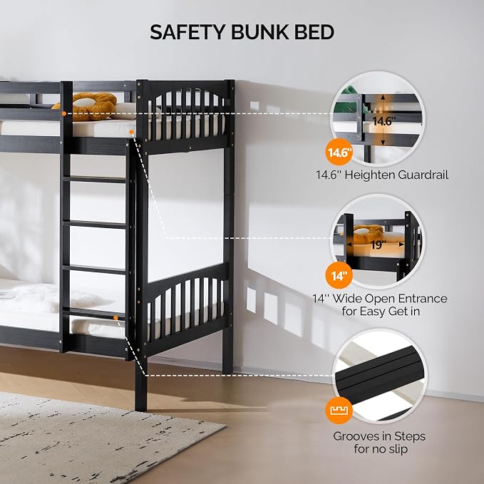 VINGLI Solid Wood Bunk Bed Twin Over Twin with RGB LED Light and Charging Station,15 inches Extra Tall Guardrail, Convertable 2 Deckers Bed, Heavy Duty Wood Slat Support, Black