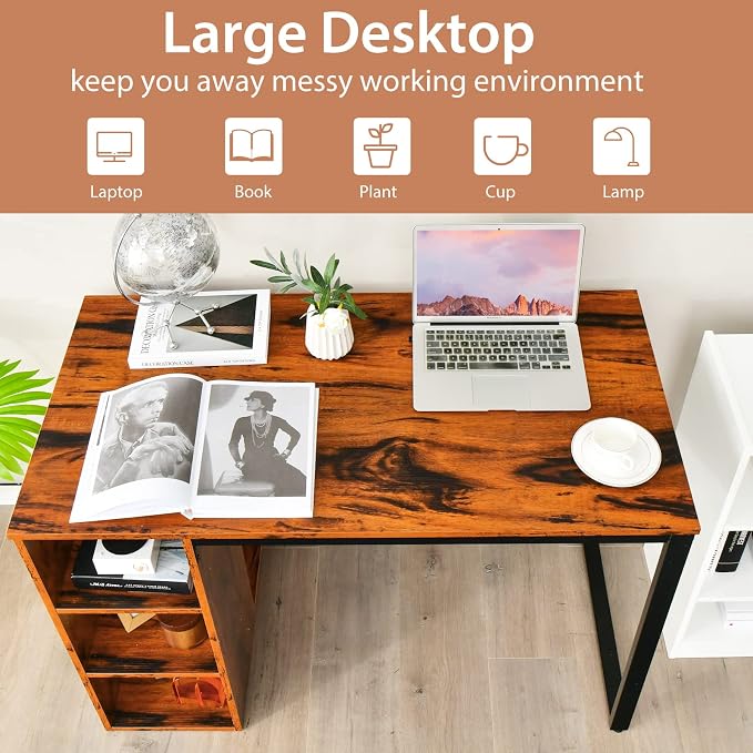 Tangkula Computer Desk with Storage Shelves, Home Office Desk with 5 Side Shelves & Metal Frame, Space Saving Laptop PC Desk, Writing Study Desk, Modern Vanity Desk for Bedroom (Rustic Brown)