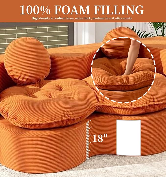 75” Full Size Convertible Sleeper Sofa Bed, Boneless Folding Futon Loveseat Sofa with 2 Pillows, High Density Foam Compressed Foldable Guest Couch for Living Room Apartment (Orange Corduroy)