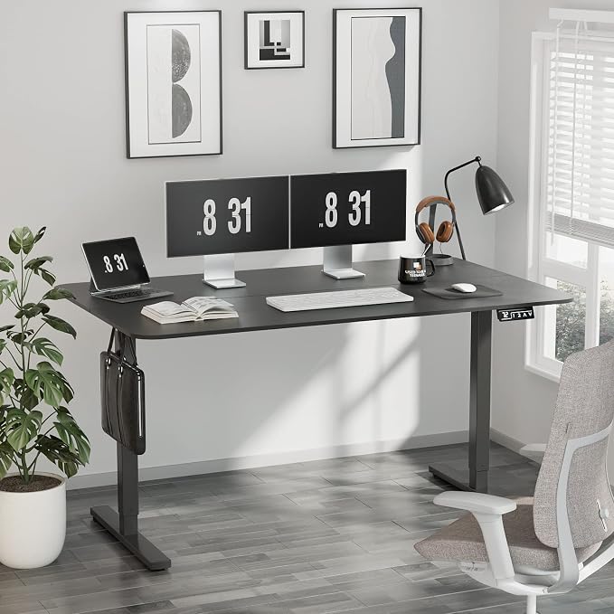 YESHOMY Height Adjustable Electric Standing Desk, 55 inch Computer Table, Home Office Workstation, Black Leg/Black Top