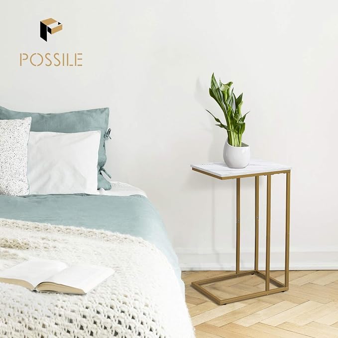 Possile C Shaped End Table Set of 2, Small Side Table for Sofa and Bed, Couch Tables That Slide Under, Snack Side Table for Living Room, Bedroom, White Faux Marble and Gold