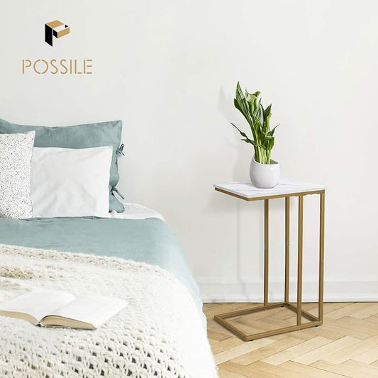 Possile C Shaped End Table Set of 2, Small Side Table for Sofa and Bed, Couch Tables That Slide Under, Snack Side Table for Living Room, Bedroom, White Faux Marble and Gold