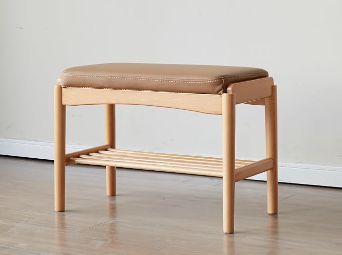 Solid Wood Shoe Bench Assembled, Shoe Rack Bench with Silicone Leather Cushion for Entryway, Living Room, Bedroom, Hallway, 11.8" x 23.6" x 16.5", Natural