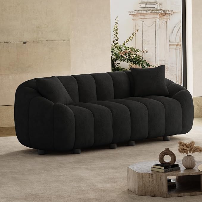 92" Oversized Minimalistic Boucle Sofa for Living Room, Luxury Plush Extra Deep Seat Tufted Sofa, Modern Comfy Curved Cloud Couch, Upholstered 3-Seater Chenille Couches, Black