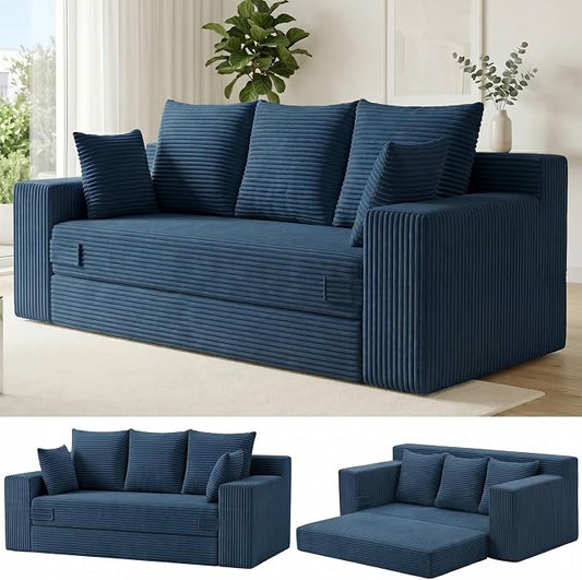 Boneless Couch for Living Room, 3 Seater Convertible Futon Sofa Bed Comfy Pull Out Couch with 5 Pillows & Detachable Washable Cover, Upholstered Floor Sofa in A Box, No Assembly Required, Blue