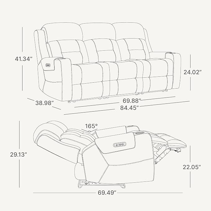 Watson & Whitely Genuine Leather Power Reclining Sofa, 3-Seater Lay Flat Recliner Sofa with Power Headrest, Cup Holders, USB & Type-C Ports, Electric Reclining Couch for Living Room, Grey