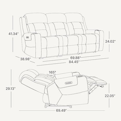 Watson & Whitely Genuine Leather Power Reclining Sofa, 3-Seater Lay Flat Recliner Sofa with Power Headrest, Cup Holders, USB & Type-C Ports, Electric Reclining Couch for Living Room, Grey