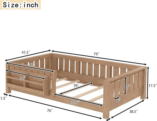 Bellemave Twin Size Floor Bed with high Rails and with Built-in Bookshelf for Kids, Girls, Boys, Wood Montessori Floor Bed Without Door, Natural